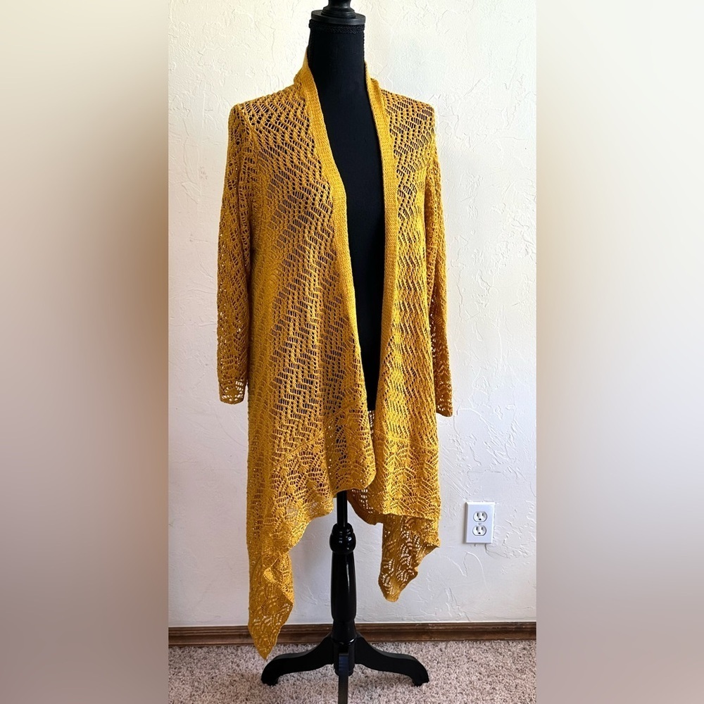 Cato Open Knit Mustard Yellow High Low Asymmetrical Cardigan Sweater Sz 14/16W
